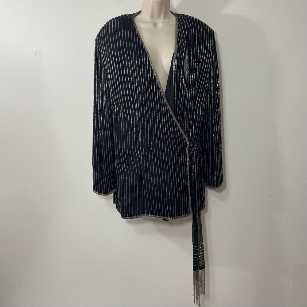 Papell Boutique Evening Wrap Coat Jacket Size 2X Silk Black Beaded Silver